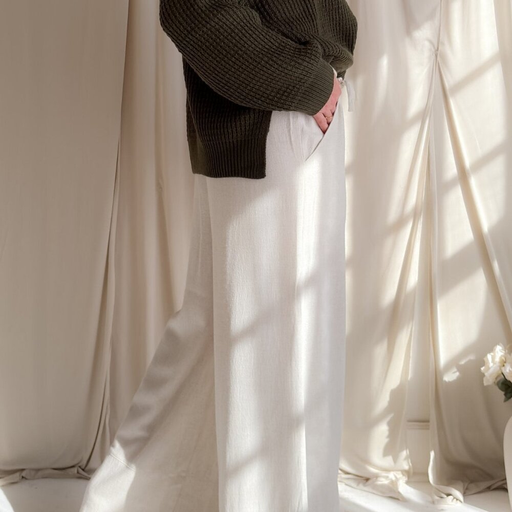 Ivory Linen Blend Wide Leg Drawstring Pants - Picture 15 of 16